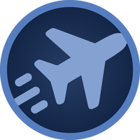 A blue silhouette of an airplane in a circle flying to the top right of the frame.